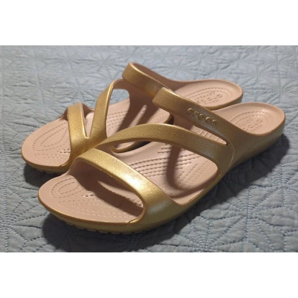 Crocs Kadee II Strappy Sandals Metallic Gold Slides Women's Sz 8 Ionic Comfort
